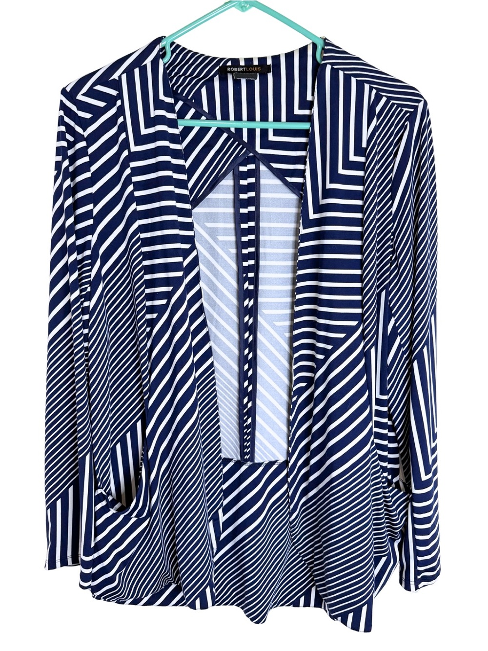 Robert Louis Navy Blue and White Striped Open Front Long Sleeve Cardigan